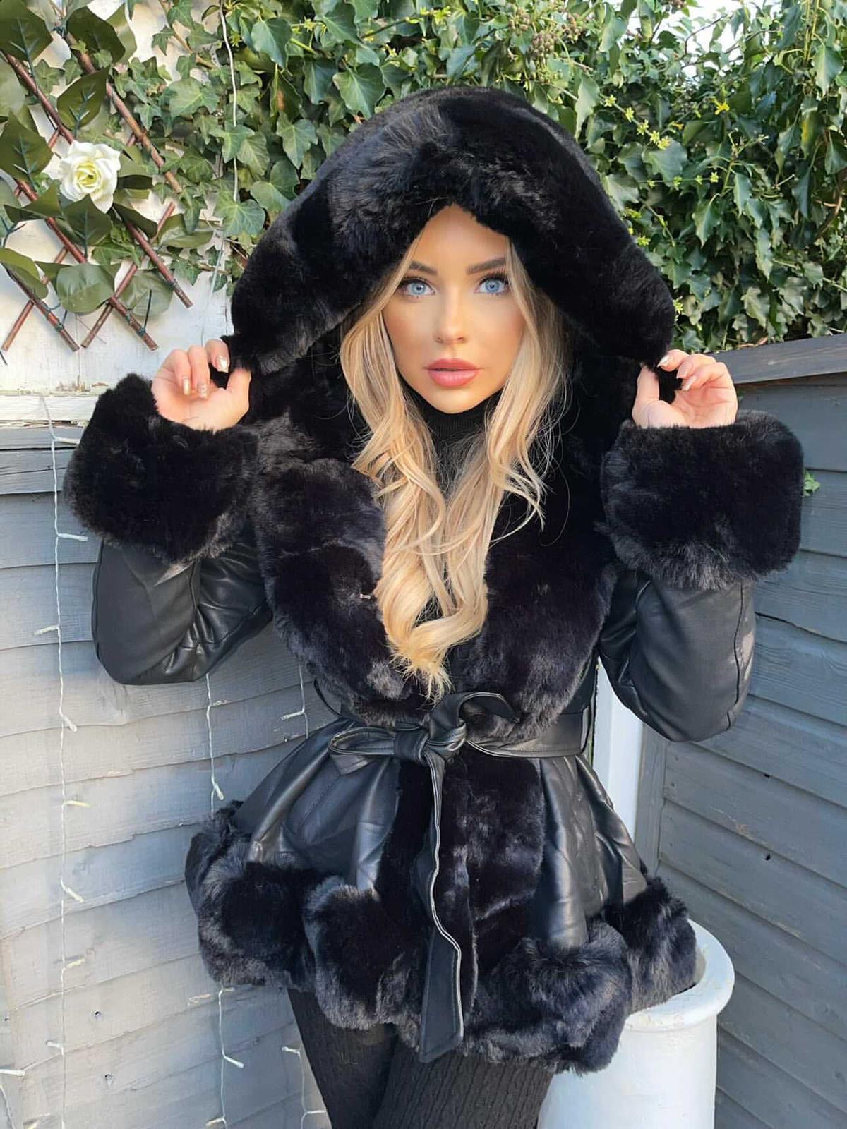 Belted Fur Hooded Coat